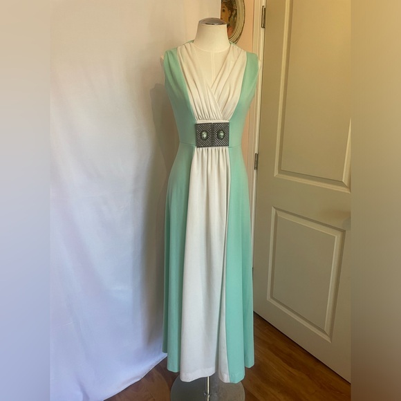 Gorgeous Vintage Boho Light Seafoam Green & White Sleeveless Maxi Dress Small - Picture 2 of 10